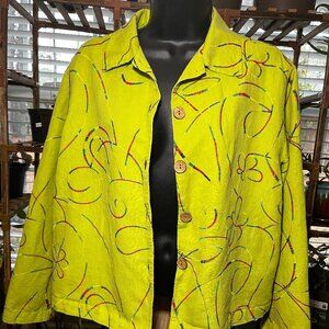 Vintage Parisian Works Lime Green Embroidered Linen Blazer Women Petite Large